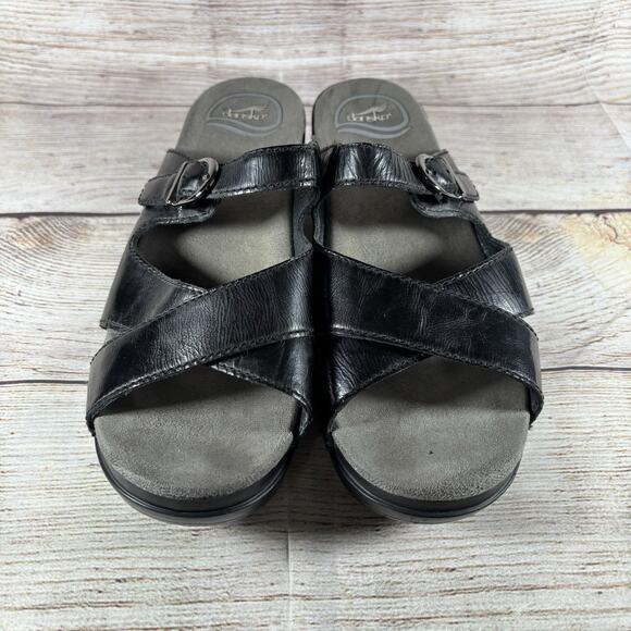 Dansko Womens 38 7.5-8 Sandals Sela Black Patent Leather Slide Wedge Open Toe - Picture 3 of 8